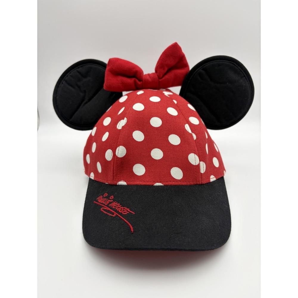 Disney Minnie Mouse Hat Cap Fitted Girls One Size Toddler Red Polka Dot Ears Bow
